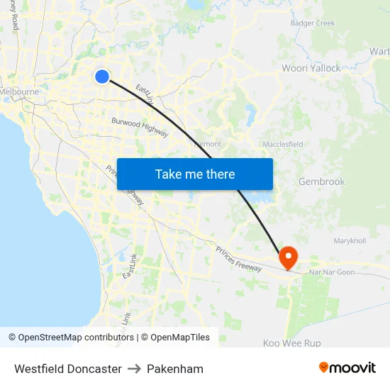 Westfield Doncaster to Pakenham map