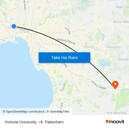 Victoria University to Pakenham map
