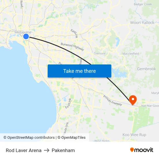 Rod Laver Arena to Pakenham map