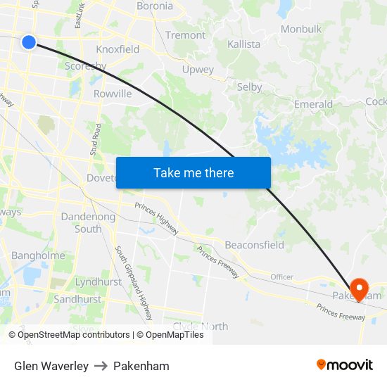 Glen Waverley to Pakenham map