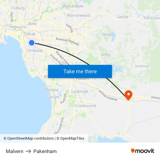 Malvern to Pakenham map