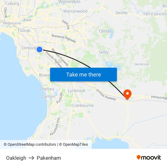 Oakleigh to Pakenham map