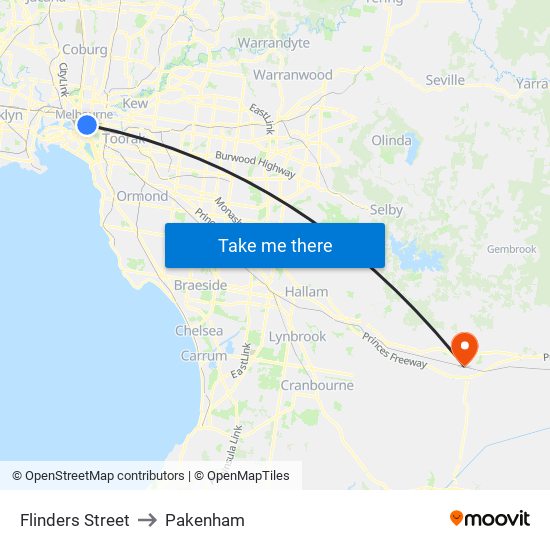 Flinders Street to Pakenham map