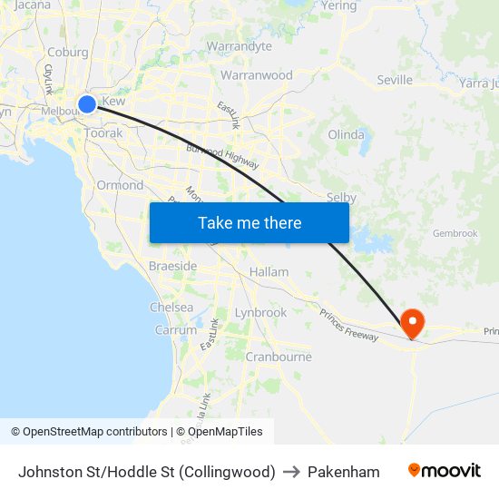 Johnston St/Hoddle St (Collingwood) to Pakenham map