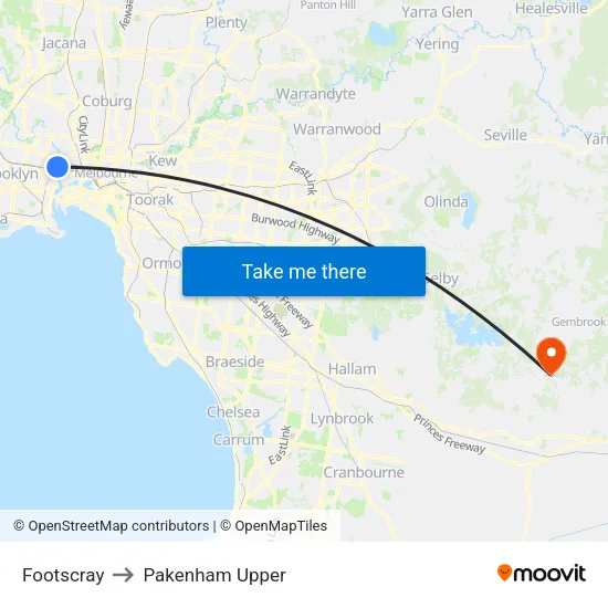 Footscray to Pakenham Upper map