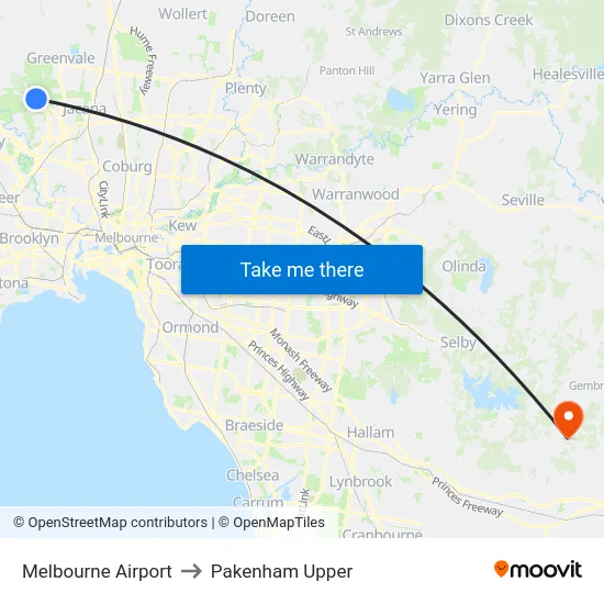 Melbourne Airport to Pakenham Upper map