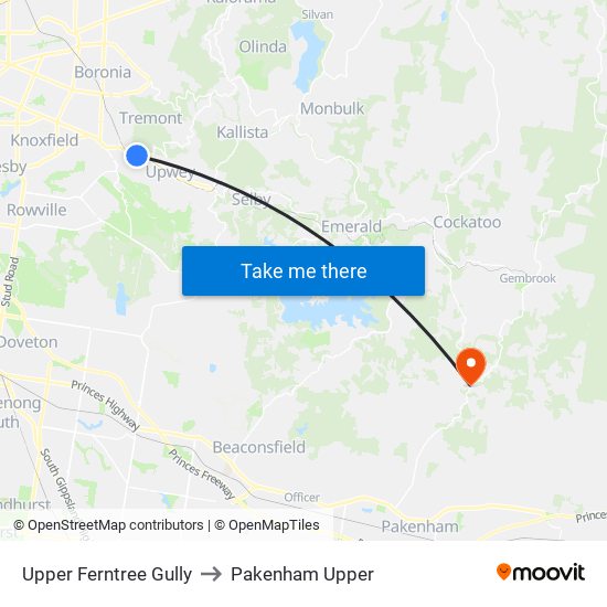 Upper Ferntree Gully to Pakenham Upper map