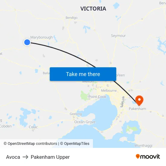 Avoca to Pakenham Upper map