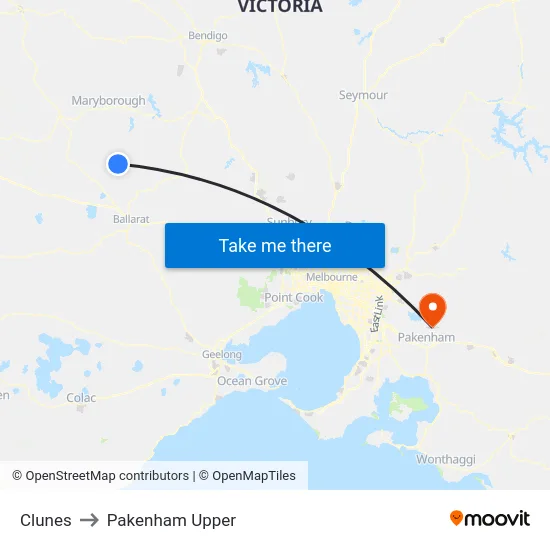 Clunes to Pakenham Upper map