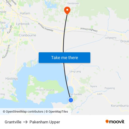 Grantville to Pakenham Upper map