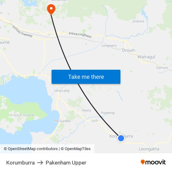 Korumburra to Pakenham Upper map