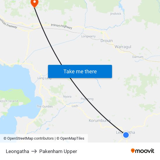 Leongatha to Pakenham Upper map