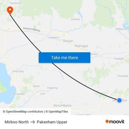 Mirboo North to Pakenham Upper map