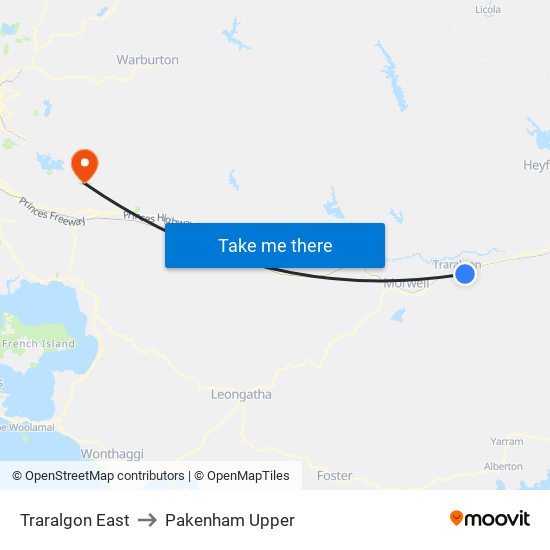 Traralgon East to Pakenham Upper map