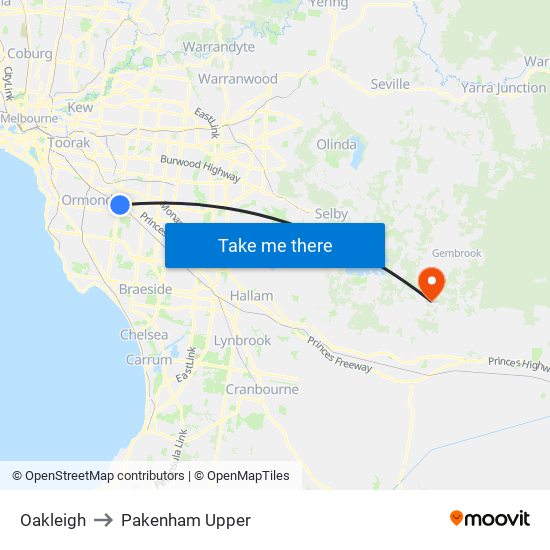 Oakleigh to Pakenham Upper map