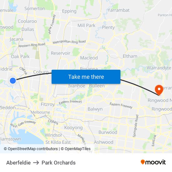 Aberfeldie to Park Orchards map