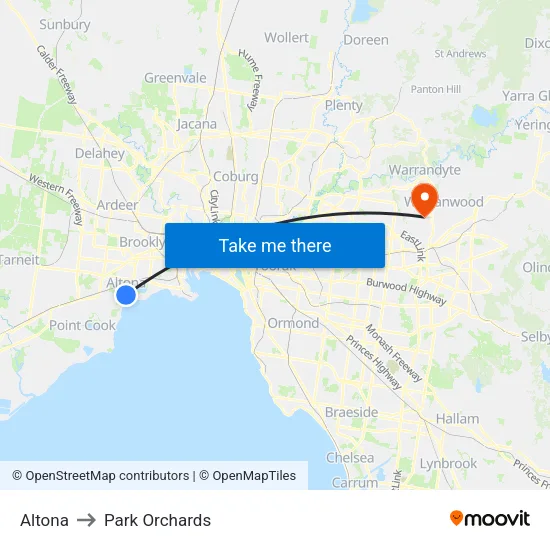 Altona to Park Orchards map