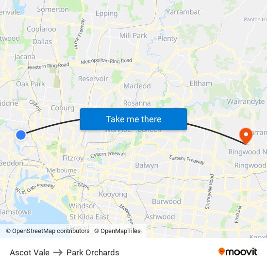 Ascot Vale to Park Orchards map