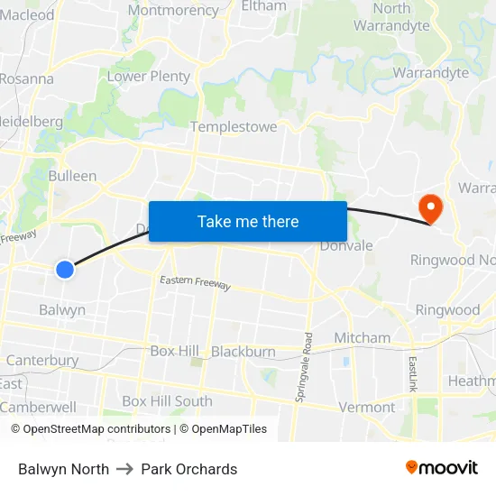 Balwyn North to Park Orchards map