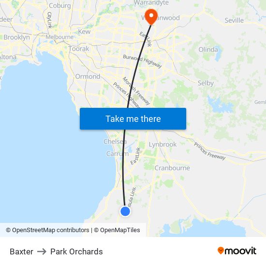 Baxter to Park Orchards map