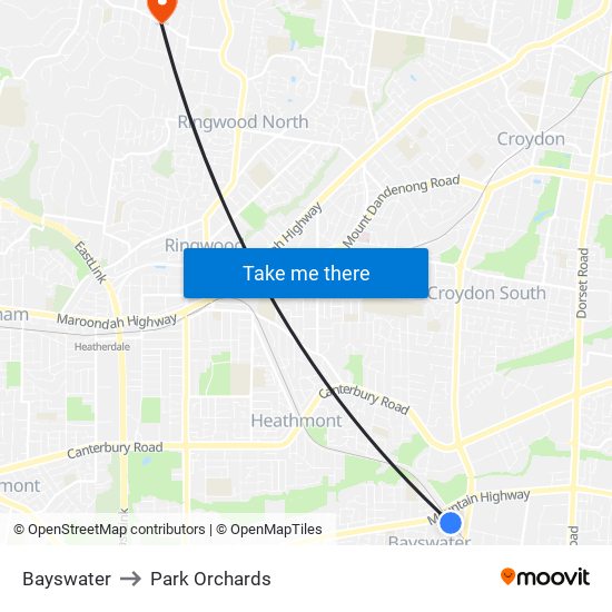 Bayswater to Park Orchards map