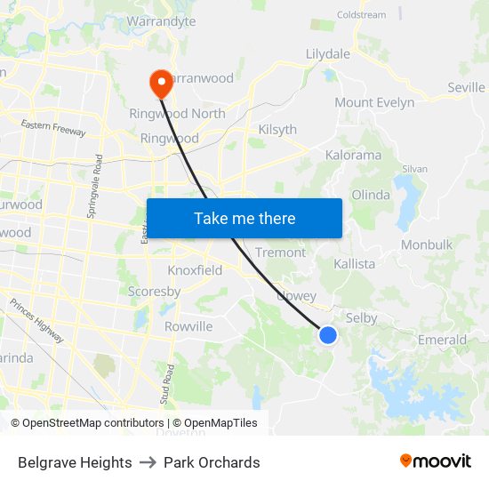 Belgrave Heights to Park Orchards map