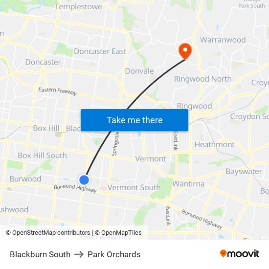 Blackburn South to Park Orchards map