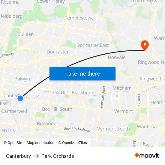 Canterbury to Park Orchards map