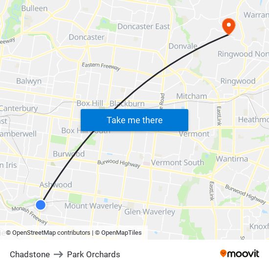 Chadstone to Park Orchards map