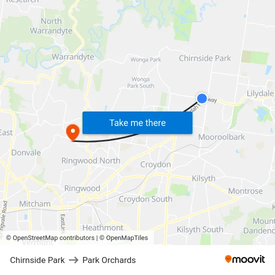 Chirnside Park to Park Orchards map