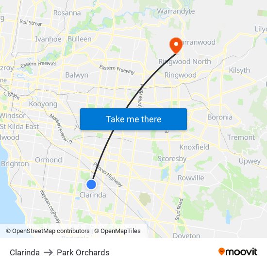 Clarinda to Park Orchards map