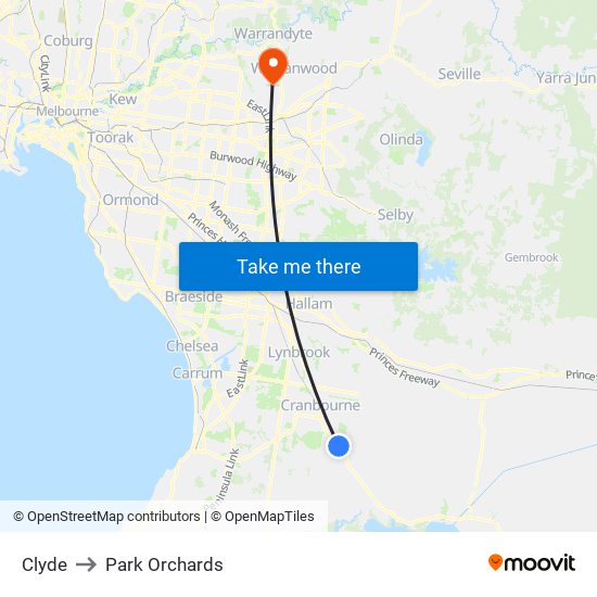 Clyde to Park Orchards map