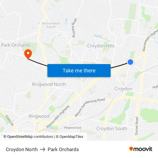 Croydon North to Park Orchards map