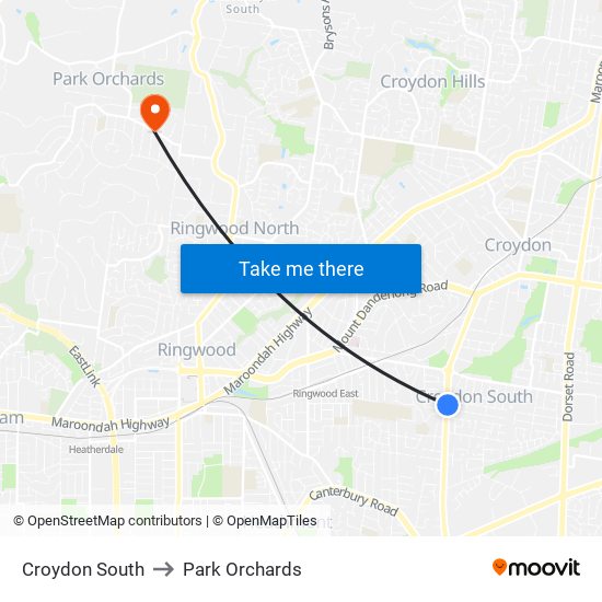 Croydon South to Park Orchards map