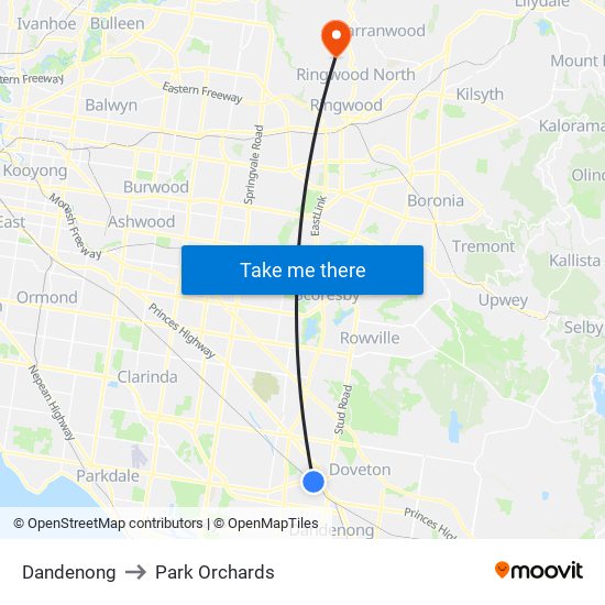 Dandenong to Park Orchards map