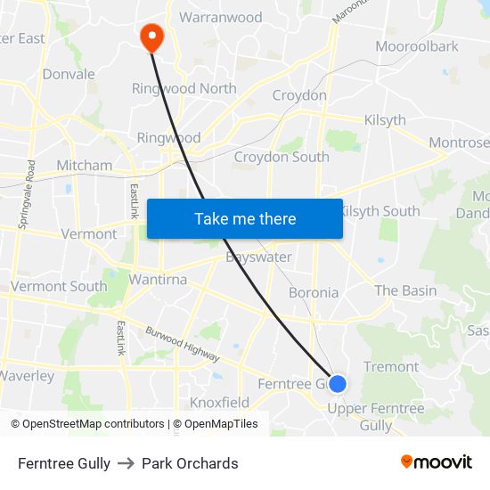 Ferntree Gully to Park Orchards map