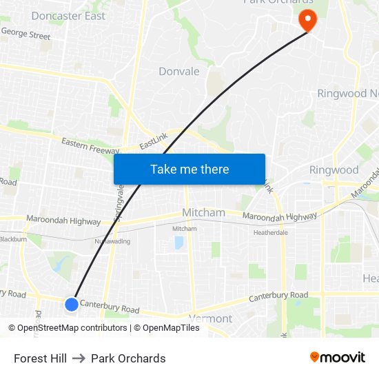 Forest Hill to Park Orchards map