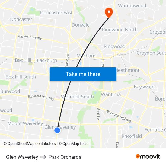 Glen Waverley to Park Orchards map