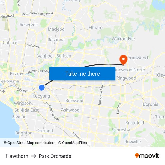 Hawthorn to Park Orchards map