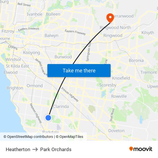 Heatherton to Park Orchards map