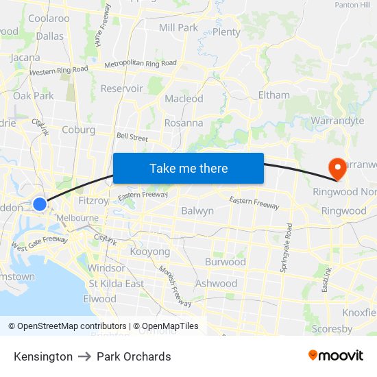 Kensington to Park Orchards map