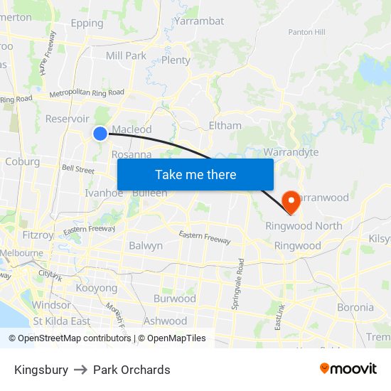 Kingsbury to Park Orchards map