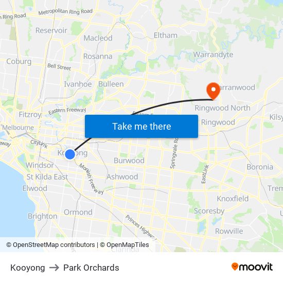 Kooyong to Park Orchards map