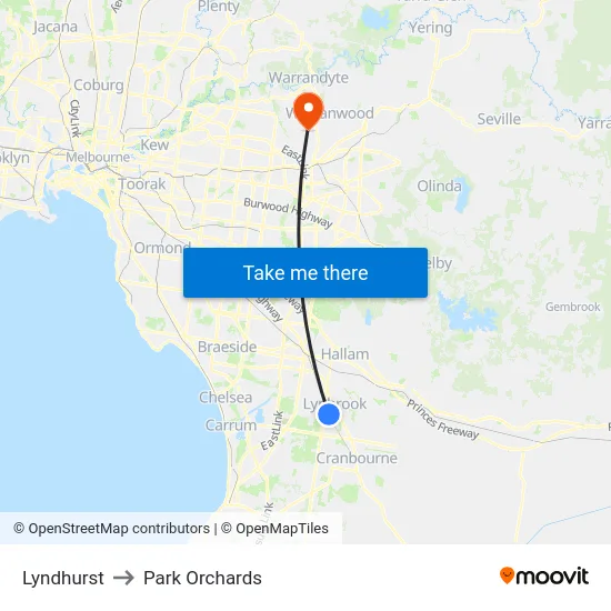 Lyndhurst to Park Orchards map