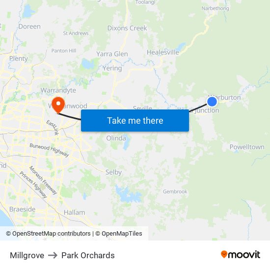 Millgrove to Park Orchards map