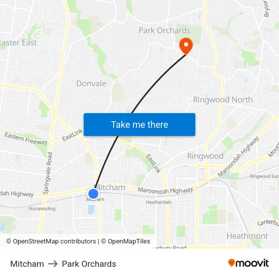 Mitcham to Park Orchards map