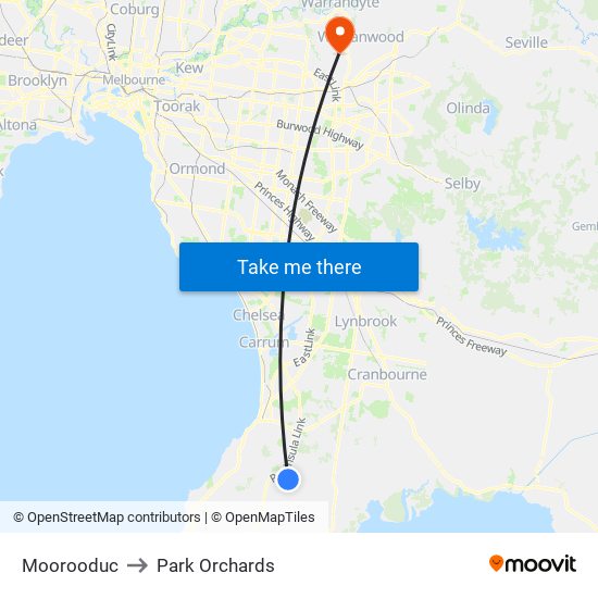 Moorooduc to Park Orchards map