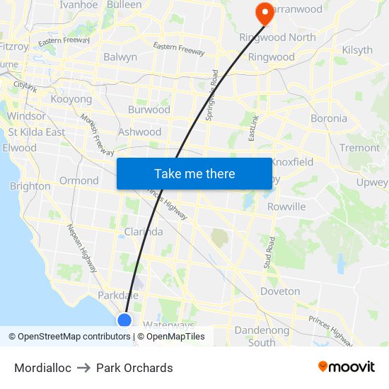 Mordialloc to Park Orchards map