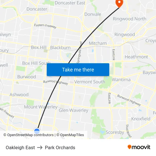Oakleigh East to Park Orchards map