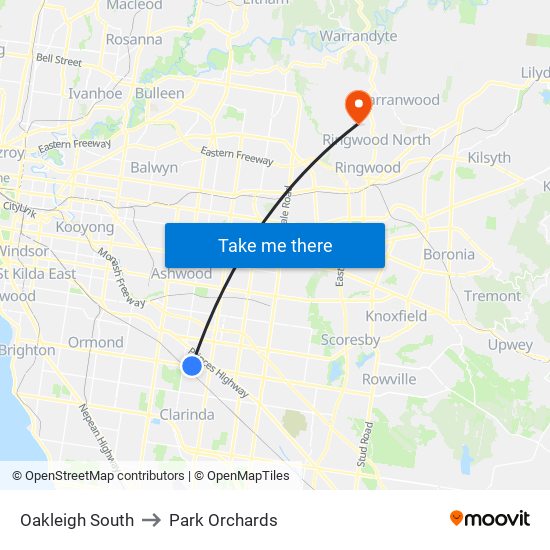 Oakleigh South to Park Orchards map